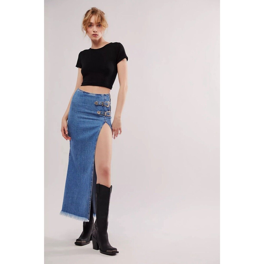 NWT Understated Leather Western Maxi Skirt Denim Women’s 4 Free People Buckle